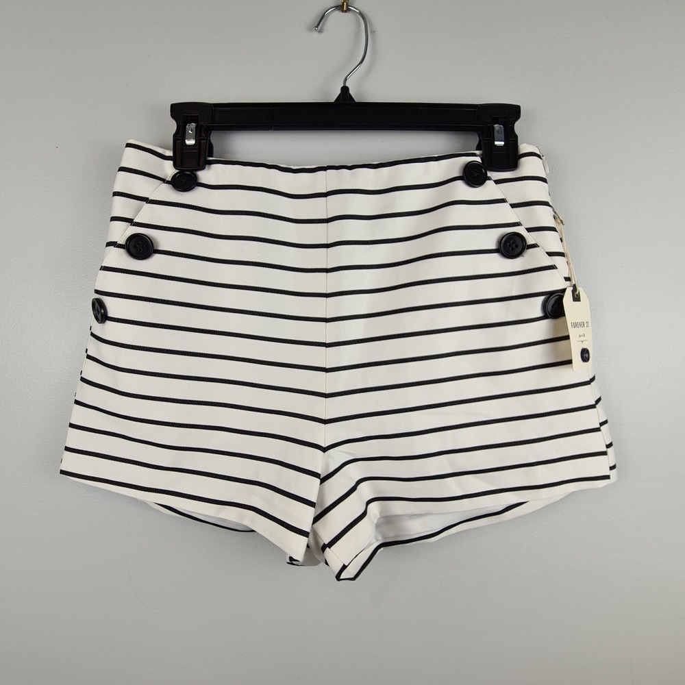 Forever 21 White Black Striped Sailor Shorts High Waisted Button Detail Size 28